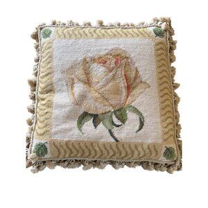Decorative Needle point Feather Accent Pillow With Yellow Rose Design & Tassel T
